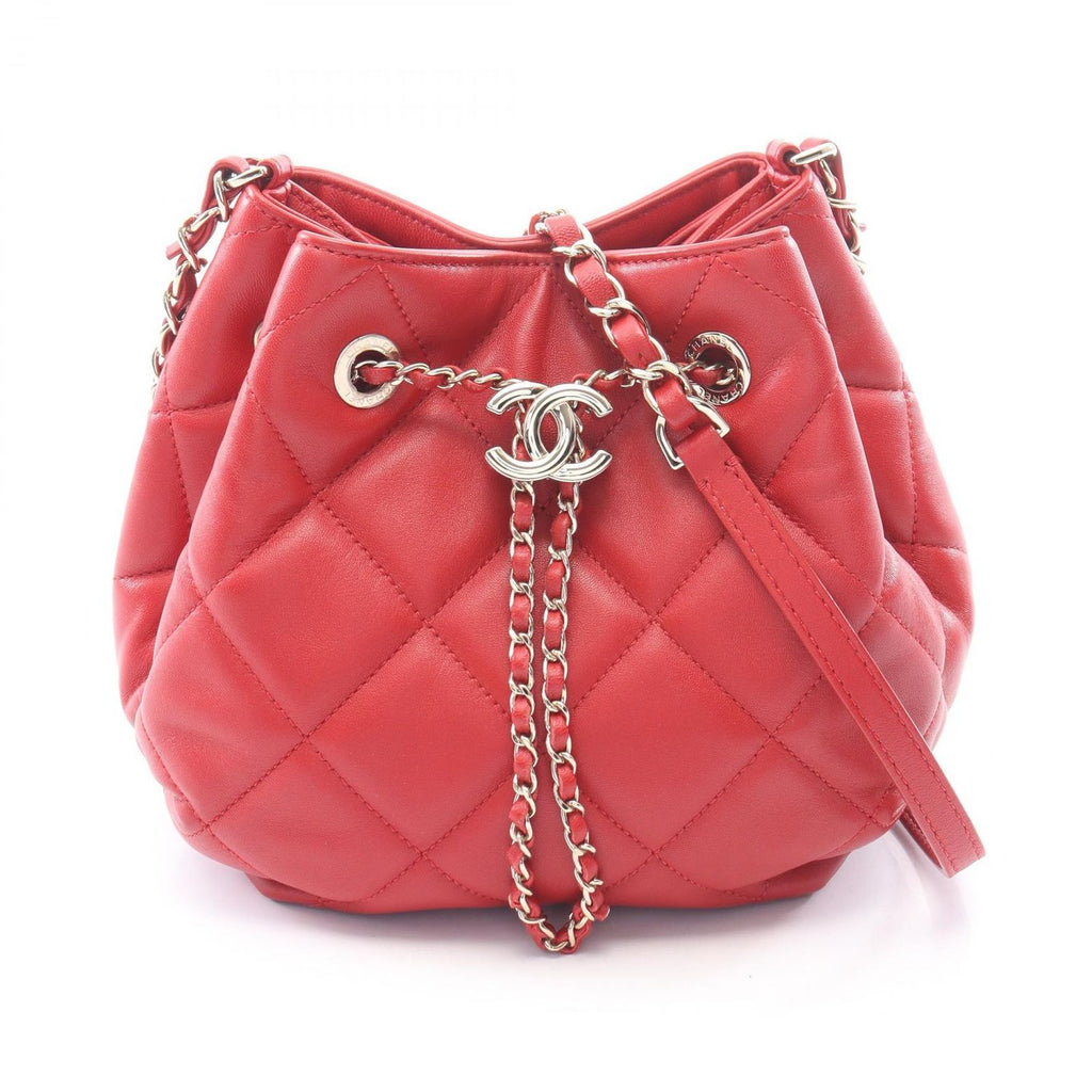 Chanel Shoulder Bag Quilted Red Lambskin Drawstring Bucket Bag AS1801