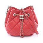 Chanel Shoulder Bag Quilted Red Lambskin Drawstring Bucket Bag AS1801