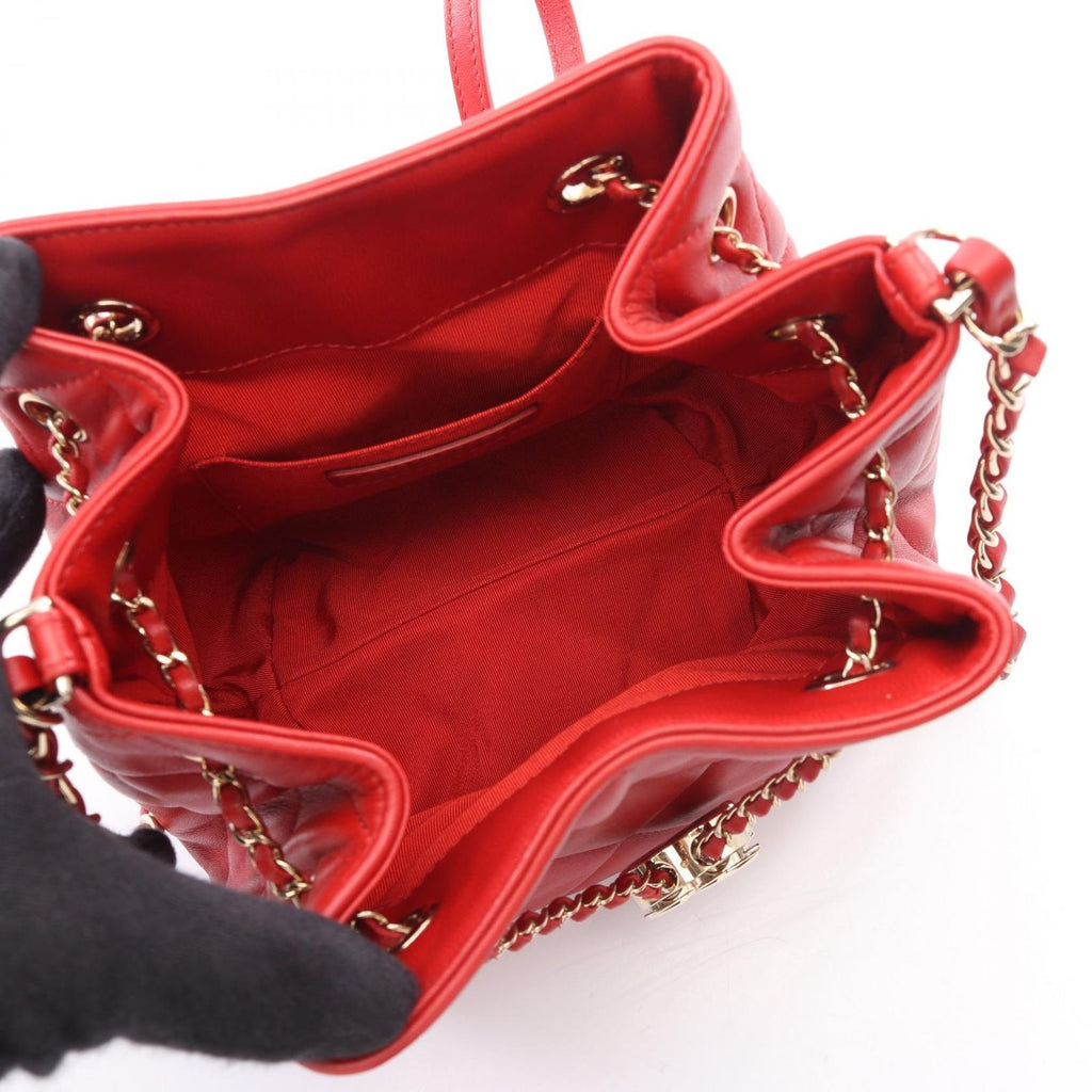 Chanel Shoulder Bag Quilted Red Lambskin Drawstring Bucket Bag AS1801 — view 3