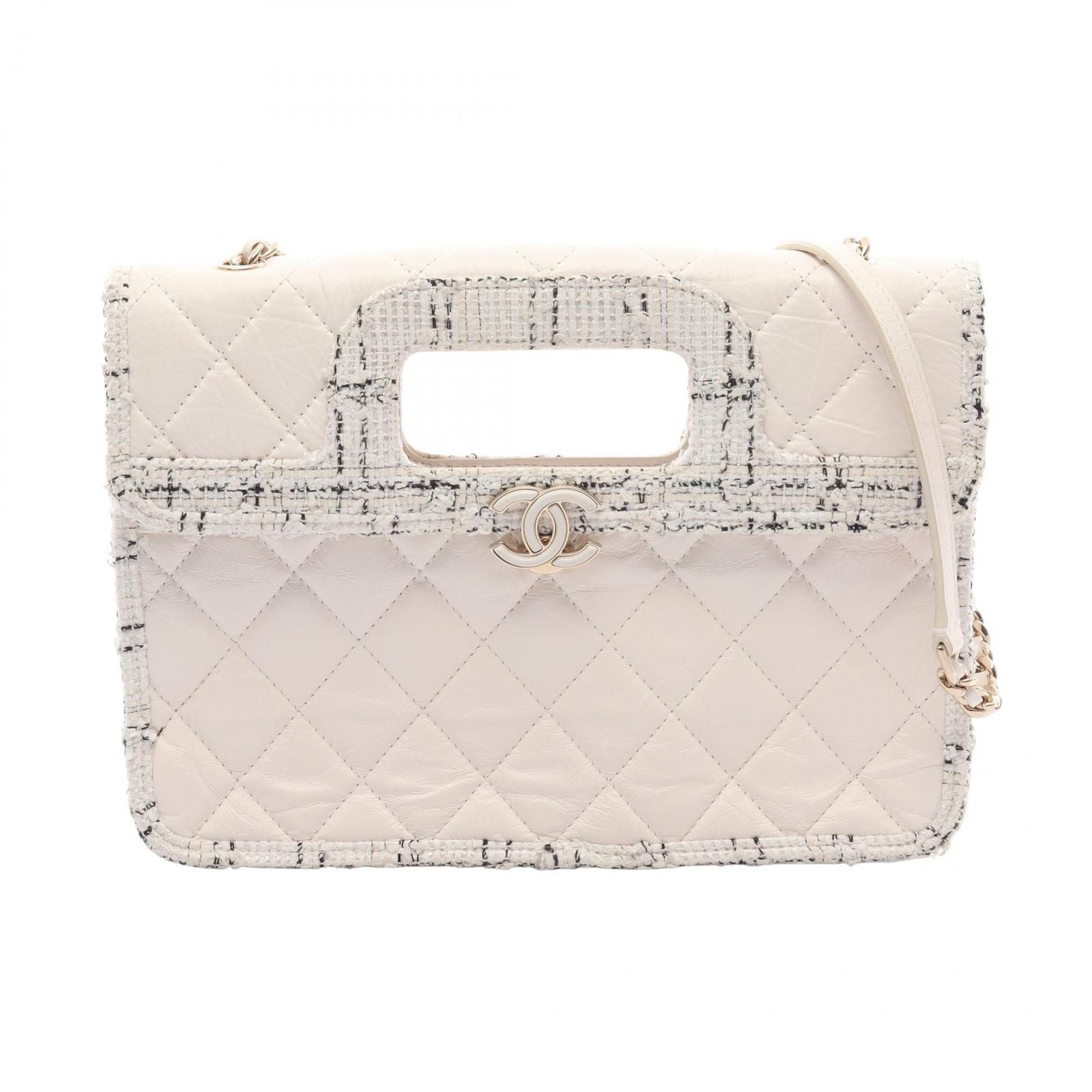 Chanel Shoulder Bag Quilted 2-Way White Calf Fabric