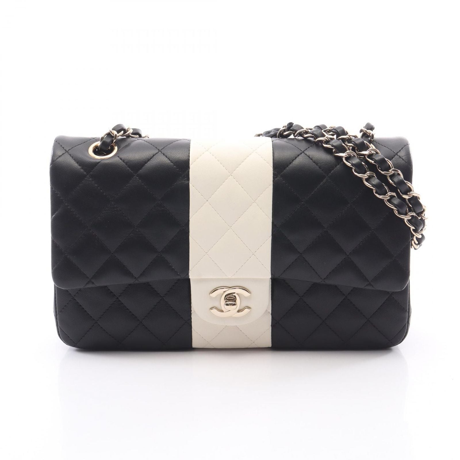 Chanel Shoulder Bag Quilted Double Flap Black White Lambskin Bicolor Chain