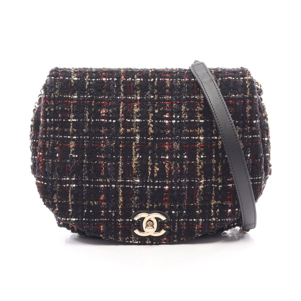 Chanel Shoulder Bag CC Logo Black Multicolor Fabric Leather Round Flap Chain