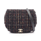 Chanel Shoulder Bag CC Logo Black Multicolor Fabric Leather Round Flap Chain
