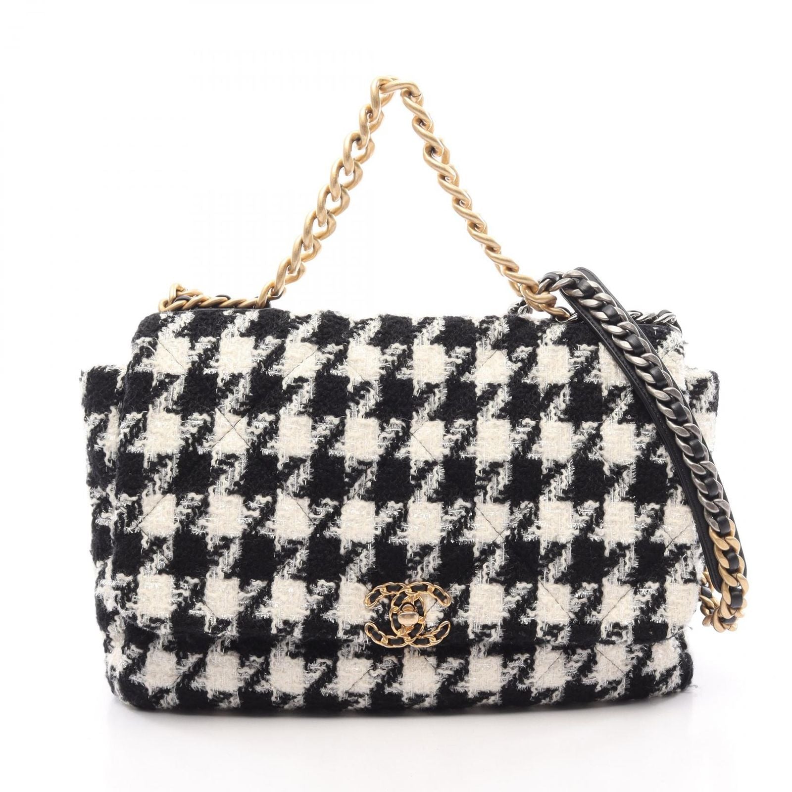 Chanel Shoulder Bag 19 Maxi Houndstooth 2-Way Black White Fabric Leather 19