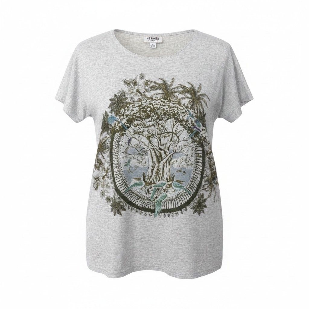 Hermes Print T-Shirt Crew Neck Top Botanical Pattern 36 Light Gray Cotton