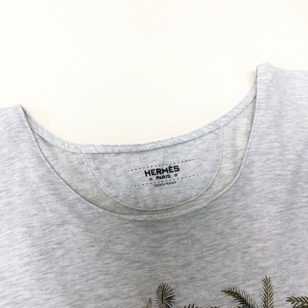 Hermes Print T-Shirt Crew Neck Top Botanical Pattern 36 Light Gray Cotton — view 6