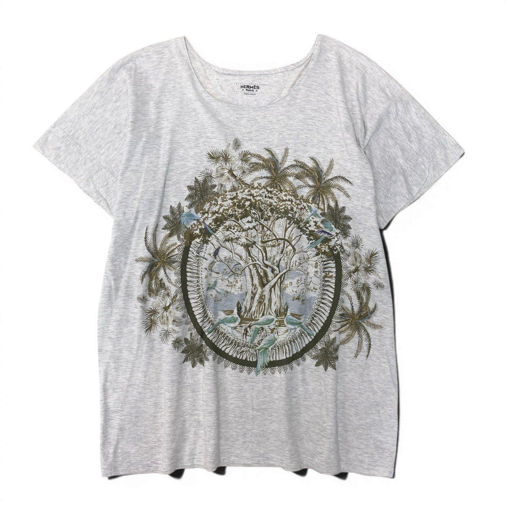 Hermes Print T-Shirt Crew Neck Top Botanical Pattern 36 Light Gray Cotton — view 2