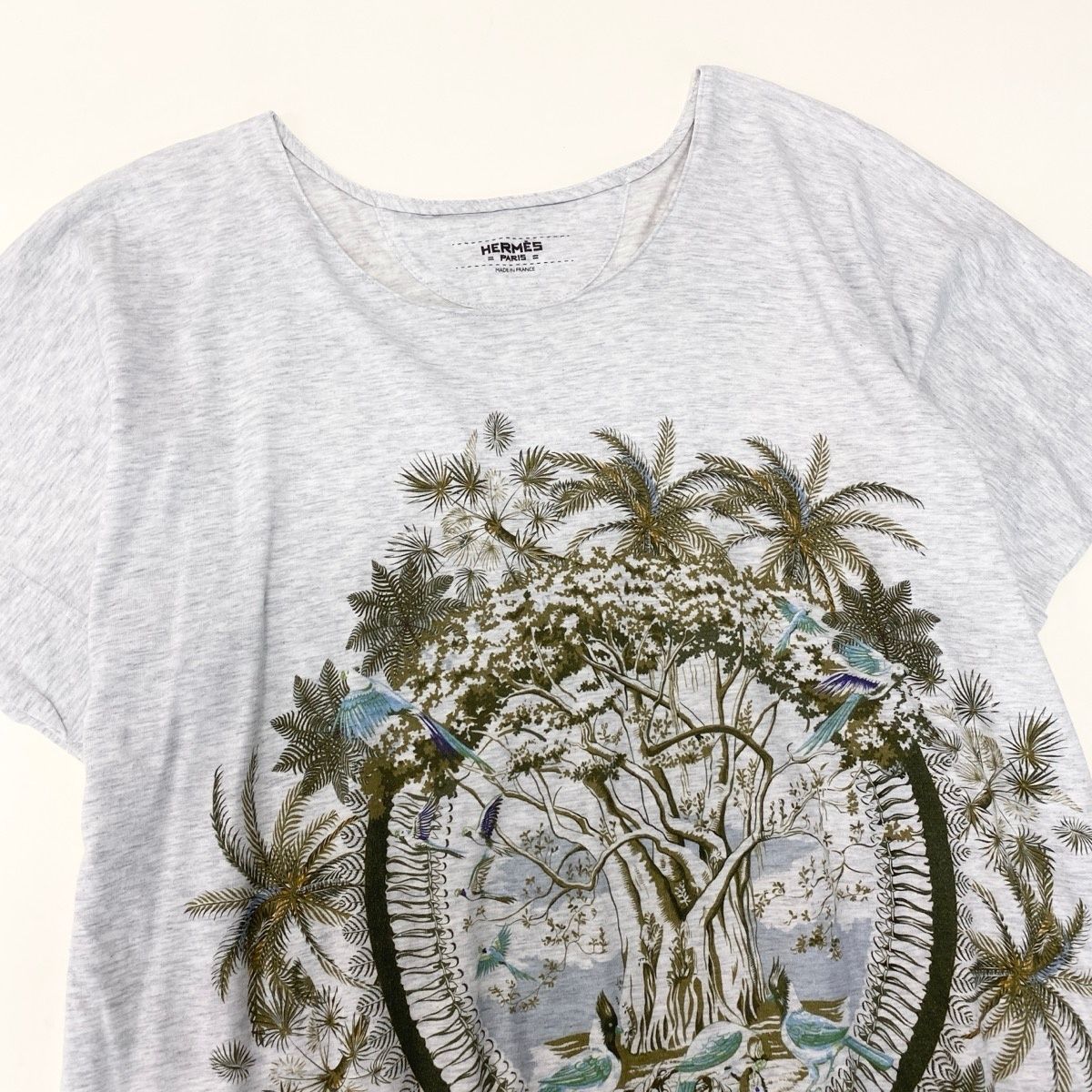 Hermes Print T-Shirt Crew Neck Top Botanical Pattern 36 Light Gray Cotton — view 4