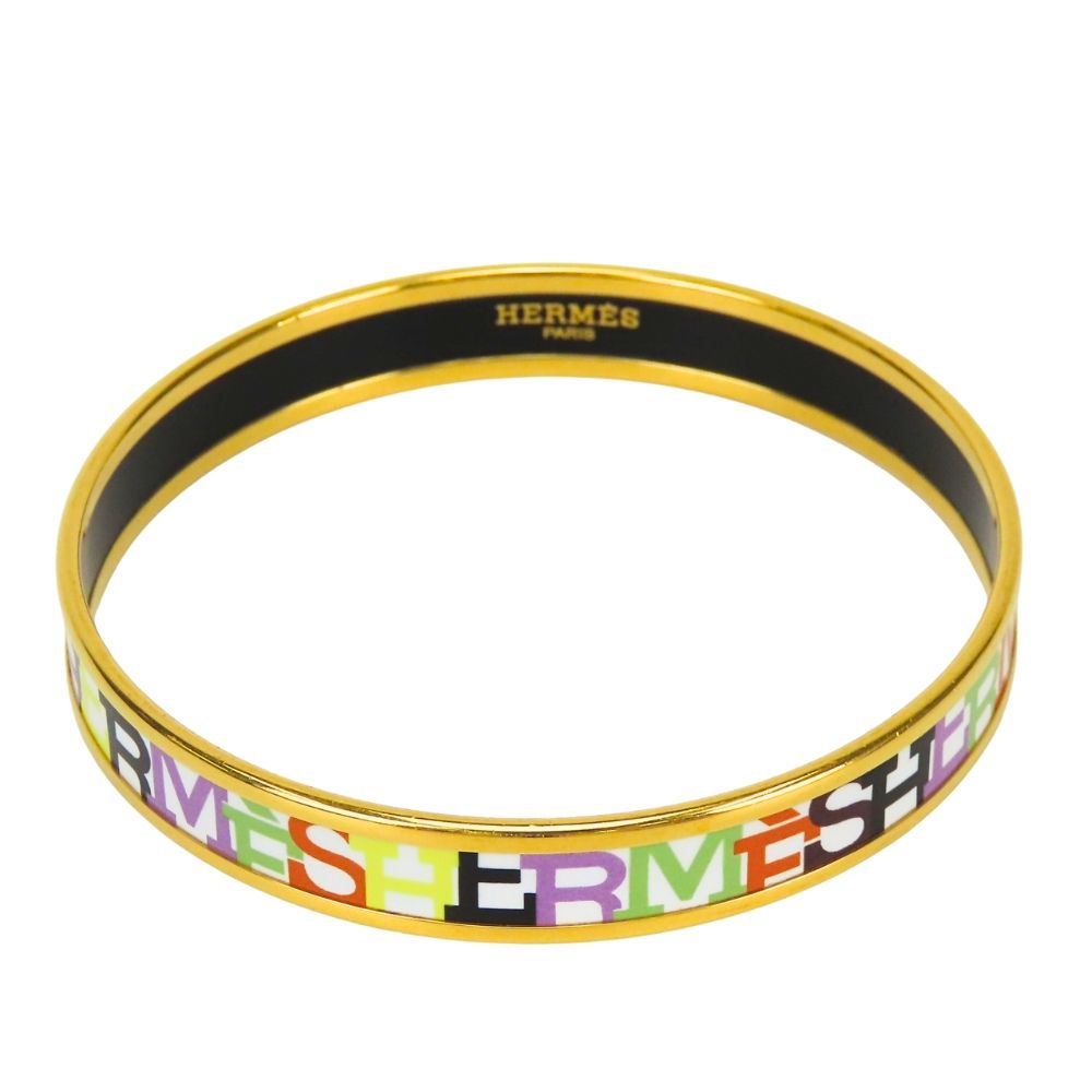 Hermes Bangle Enamel PM Metal White Multicolor Gold Cloisonne Bracelet