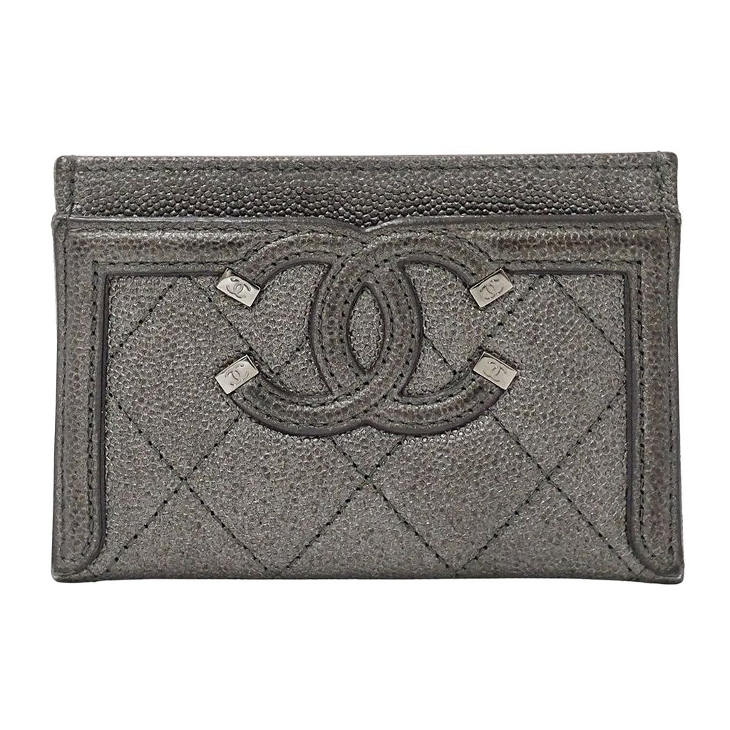 Chanel Card Case Quilted CC Filigree Caviar Leather Gray Silver Metallic