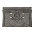 Chanel Card Case Quilted CC Filigree Caviar Leather Gray Silver Metallic