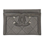 Chanel Card Case Quilted CC Filigree Caviar Leather Gray Silver Metallic
