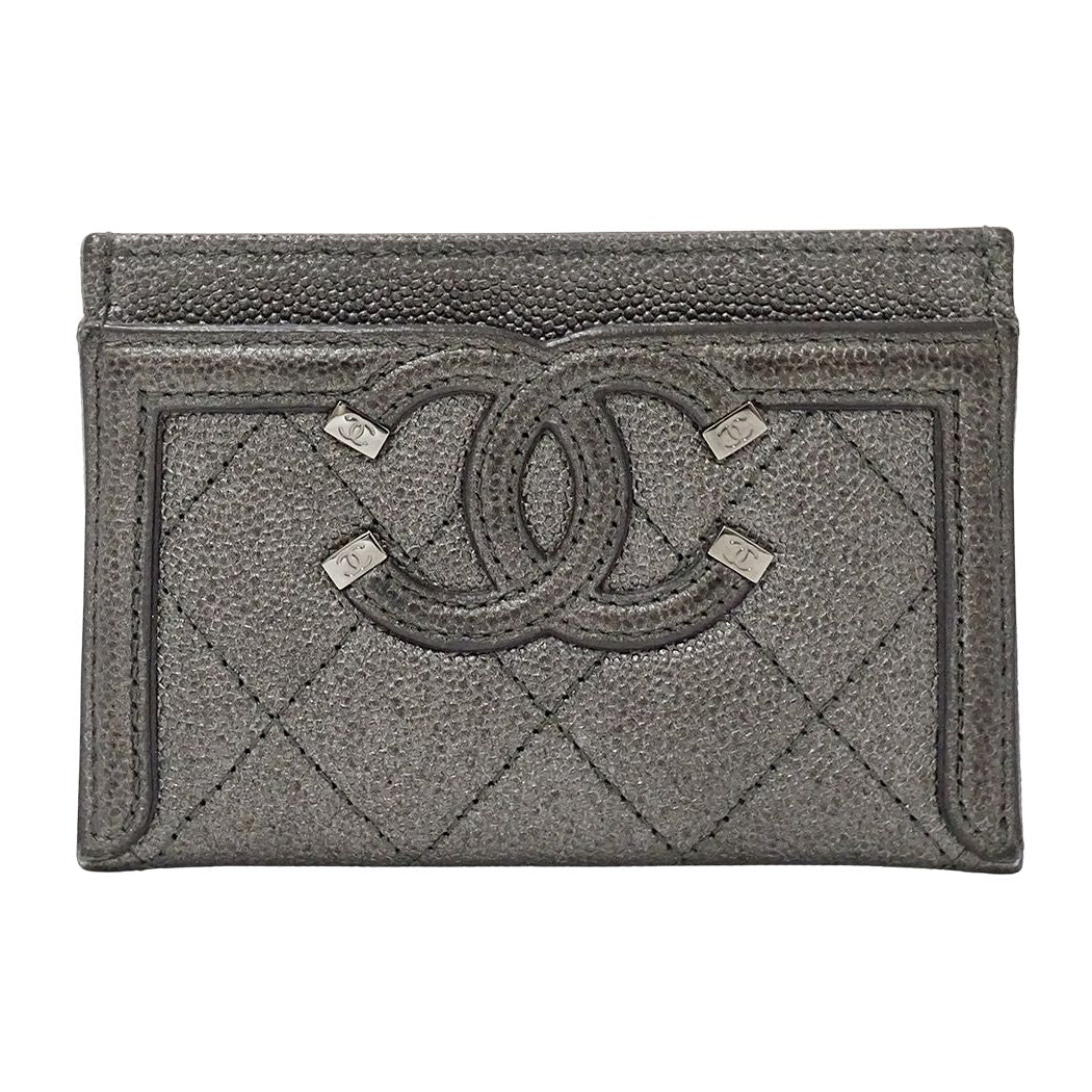 Chanel Card Case Quilted CC Filigree Caviar Leather Gray Silver Metallic