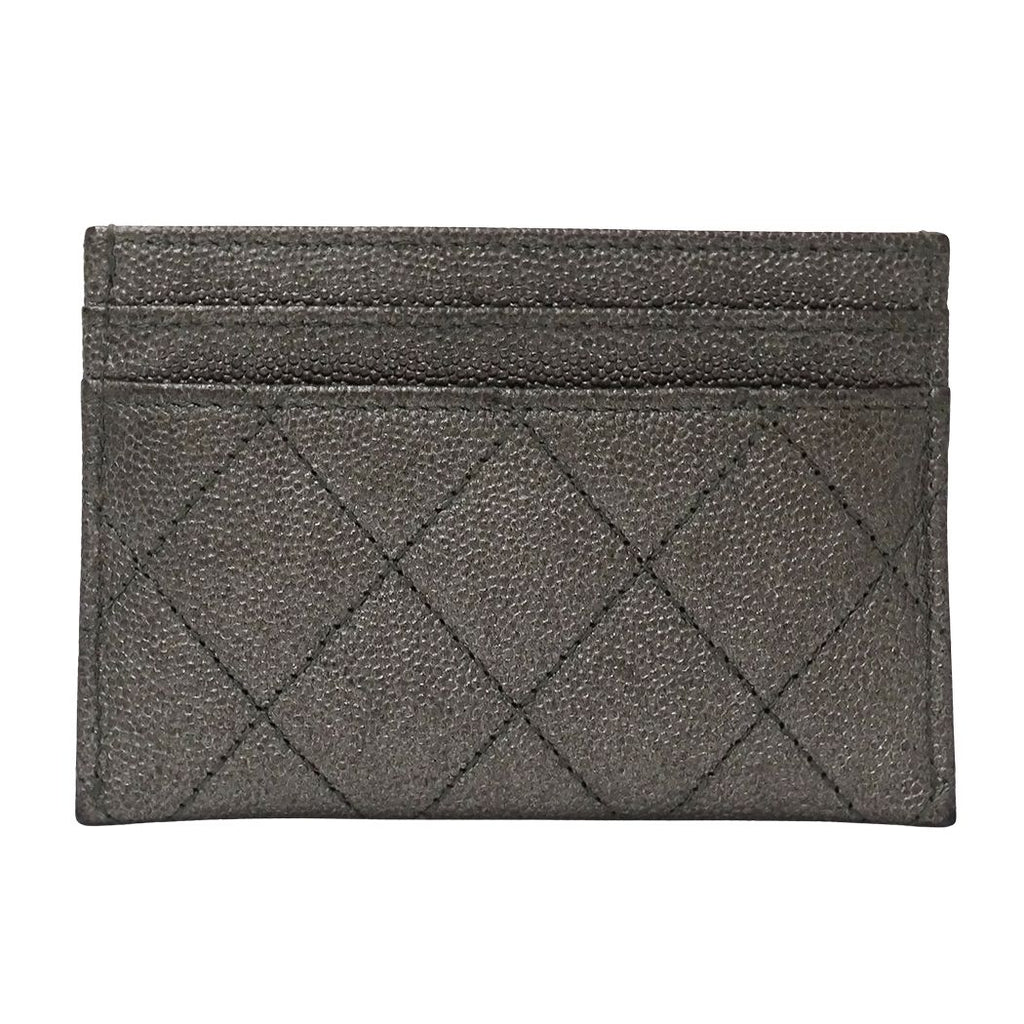 Chanel Card Case Quilted CC Filigree Caviar Leather Gray Silver Metallic — view 2