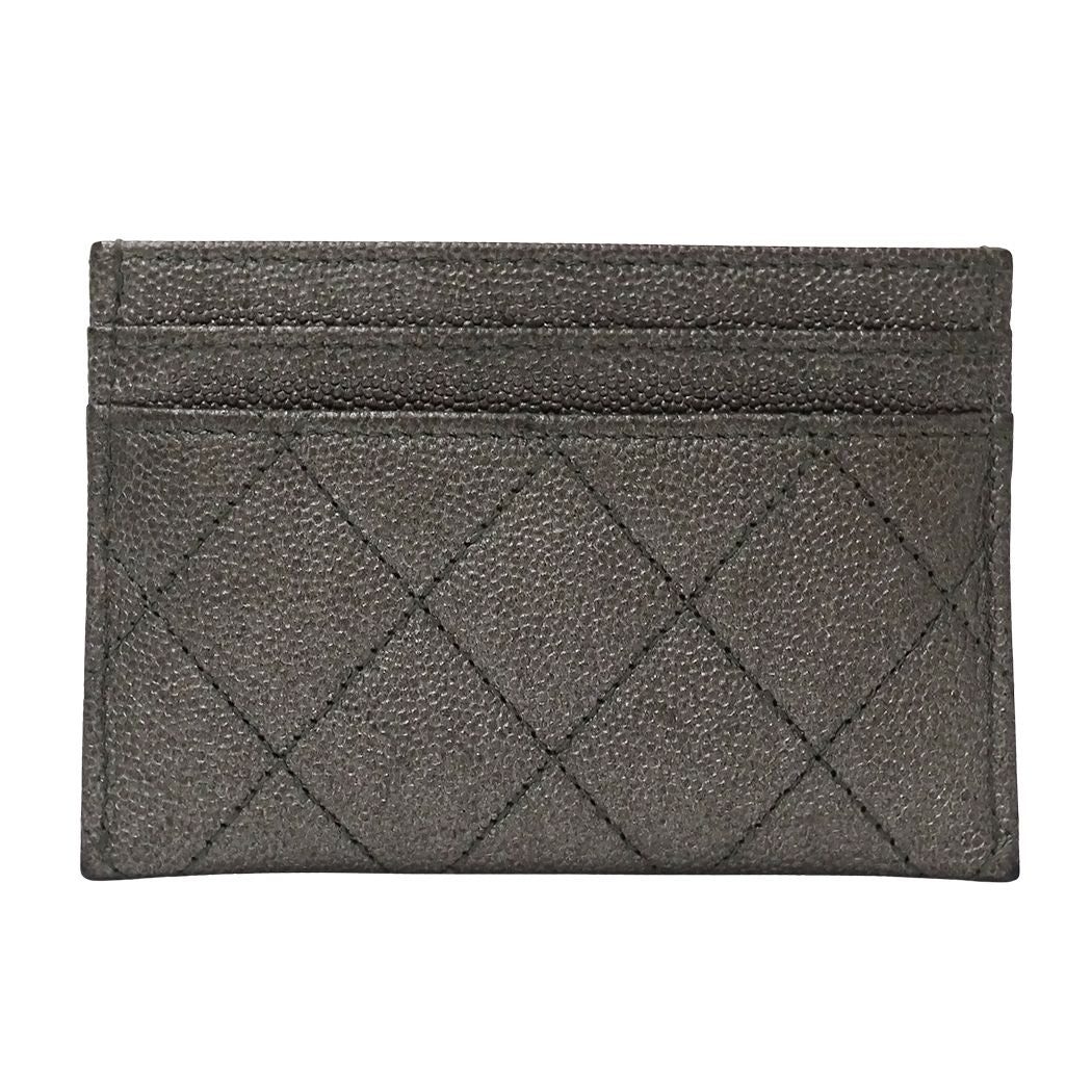 Chanel Card Case Quilted CC Filigree Caviar Leather Gray Silver Metallic — view 2