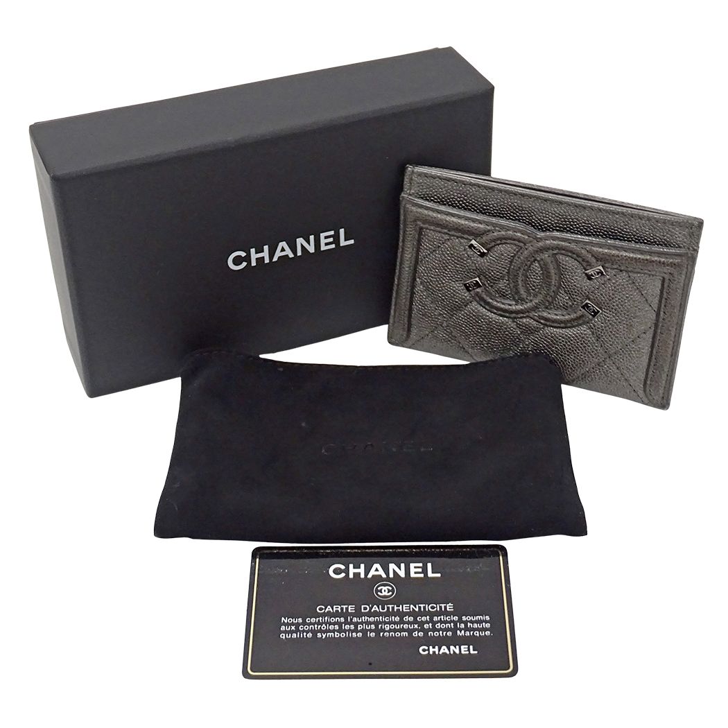 Chanel Card Case Quilted CC Filigree Caviar Leather Gray Silver Metallic — view 7