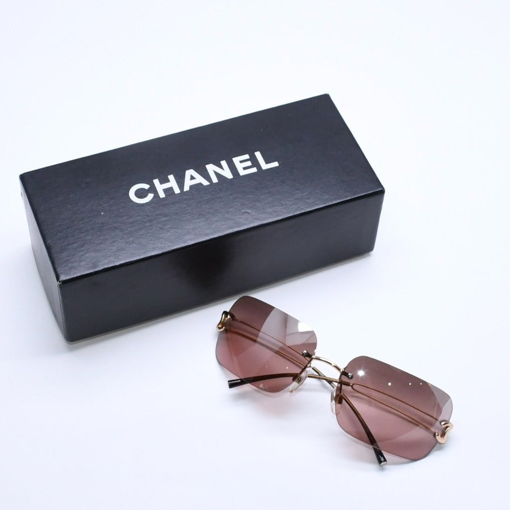 Chanel Rimless Sunglasses Eyewear CC Logo Brown Gold