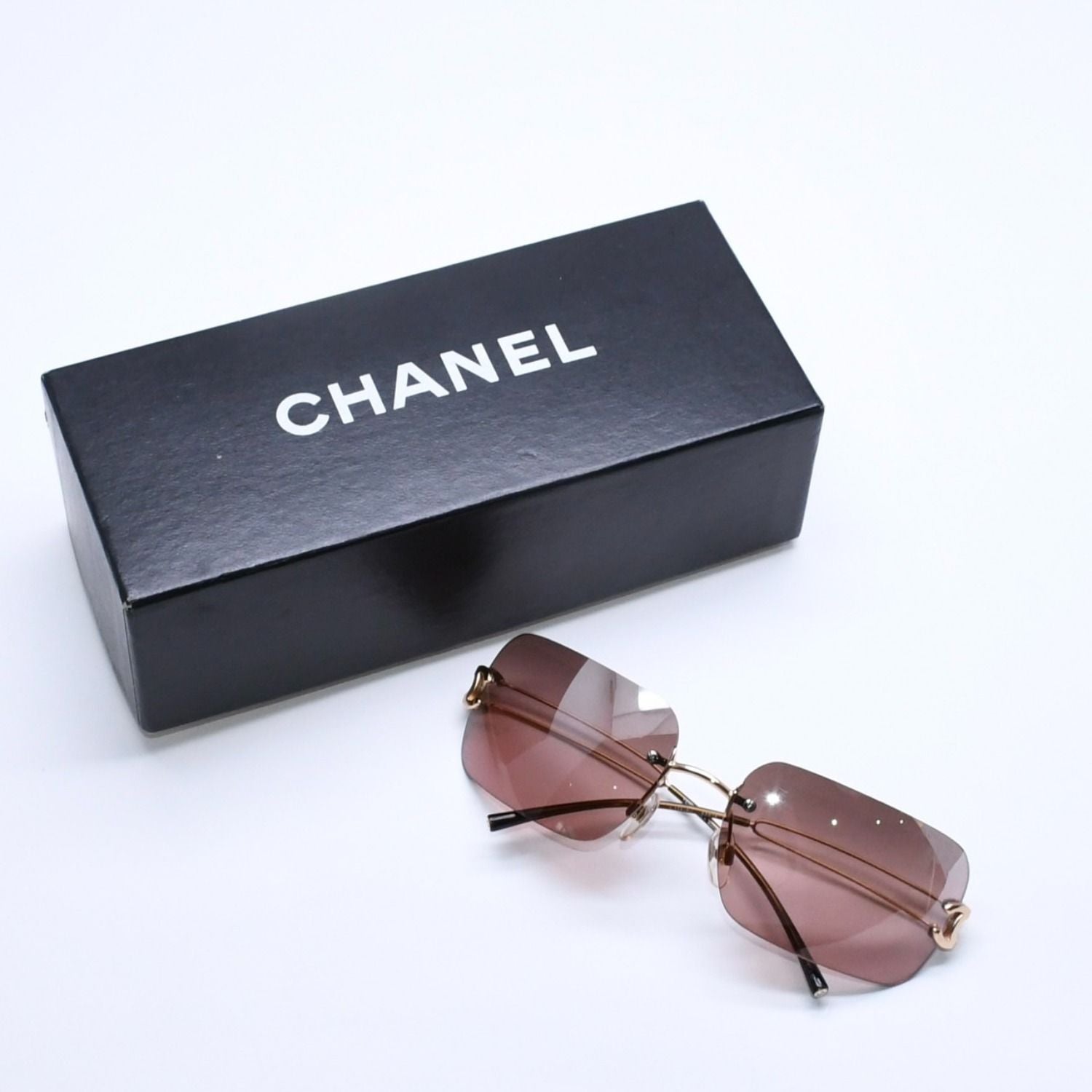 Chanel Rimless Sunglasses Eyewear CC Logo Brown Gold