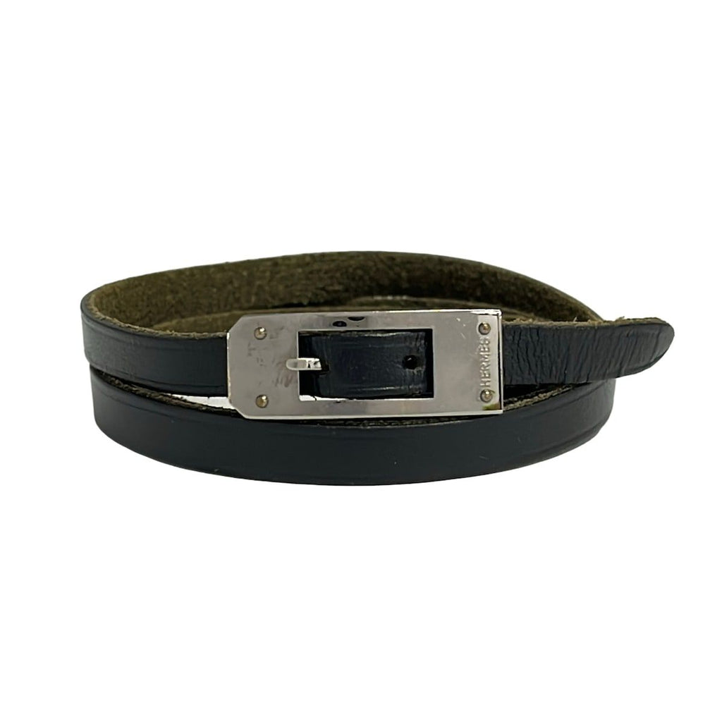 Hermes Bracelet Kelly Ardion Leather Black Silver Triple Strand