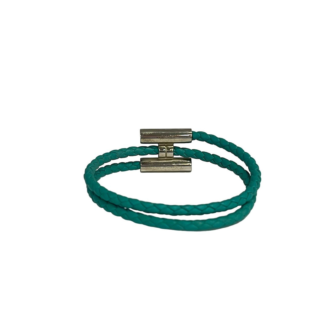 Hermes Bangle Tournis Leather Blue Silver Braid Bracelet — view 3