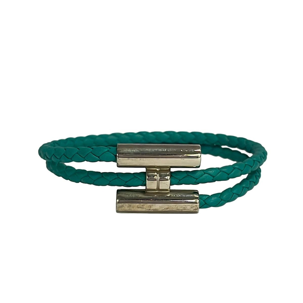 Hermes Bangle Tournis Leather Blue Silver Braid Bracelet