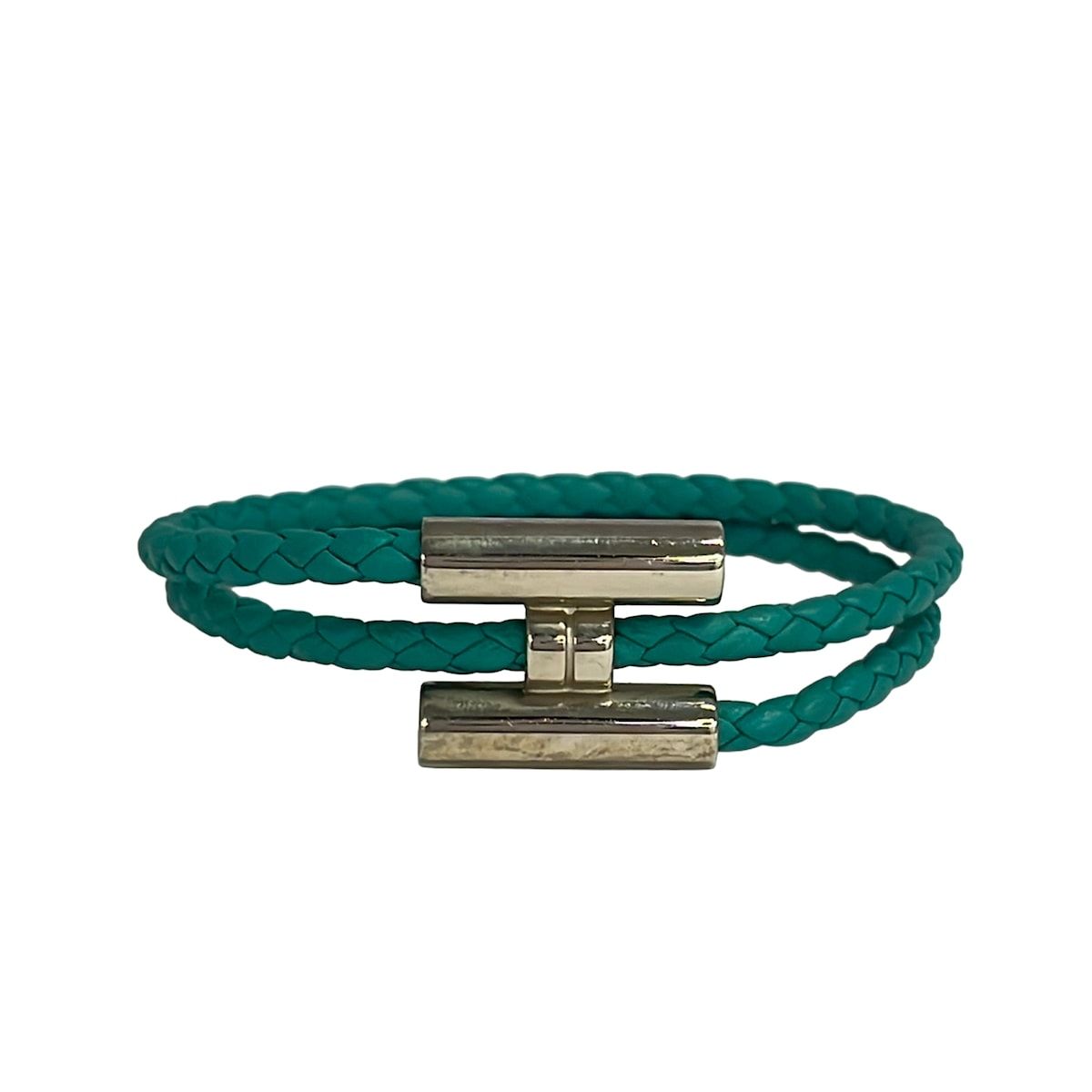 Hermes Bangle Tournis Leather Blue Silver Braid Bracelet