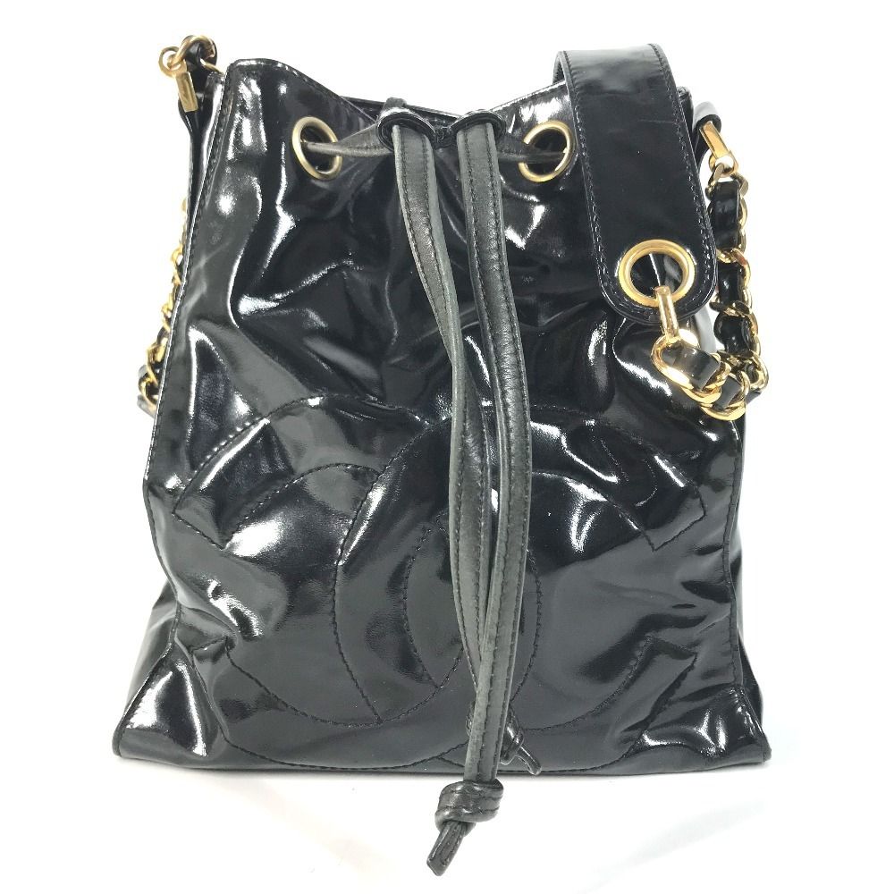 Chanel Shoulder Bag Drawstring CC Logo Enamel Black