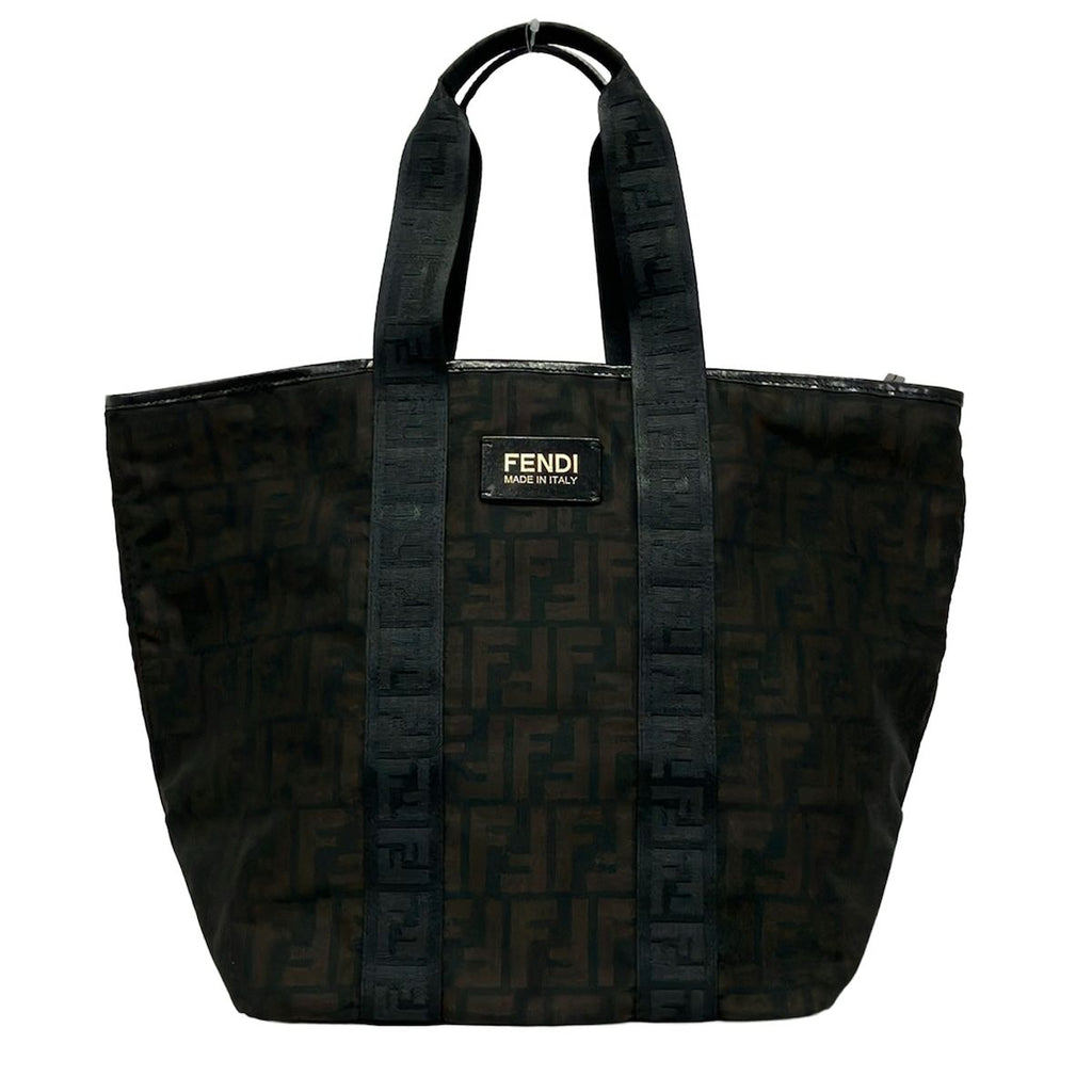 Fendi Handbag Zucca Pattern Dark Brown Black Leather