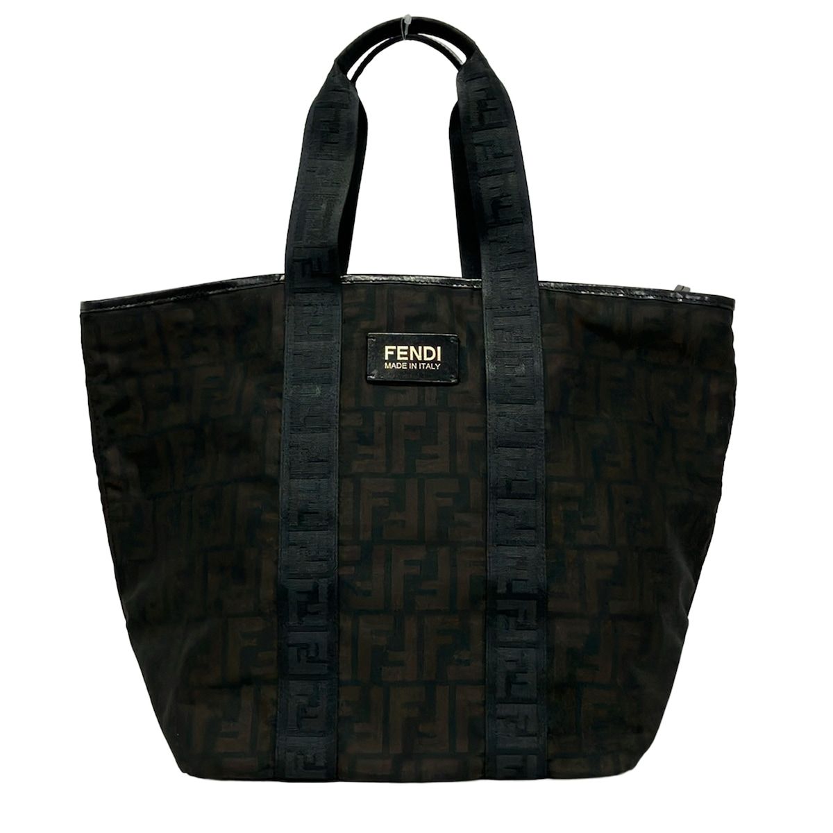 Fendi Handbag Zucca Pattern Dark Brown Black Leather