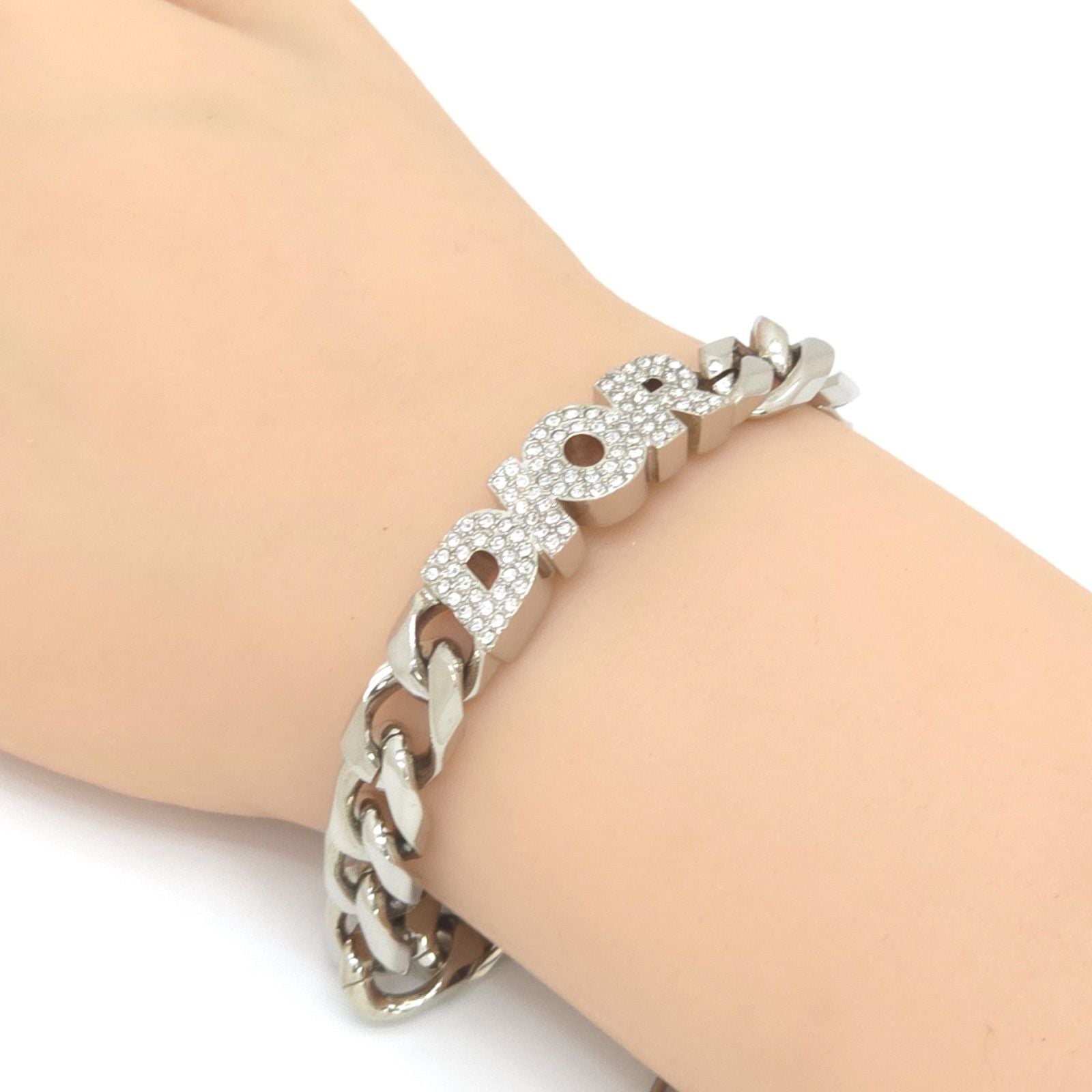 Dior Italic Signature Chain Link Bracelet 19.3 24 Logo Crystal Rhinestone Silver — view 2