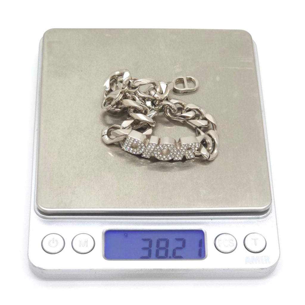 Dior Italic Signature Chain Link Bracelet 19.3 24 Logo Crystal Rhinestone Silver — view 7