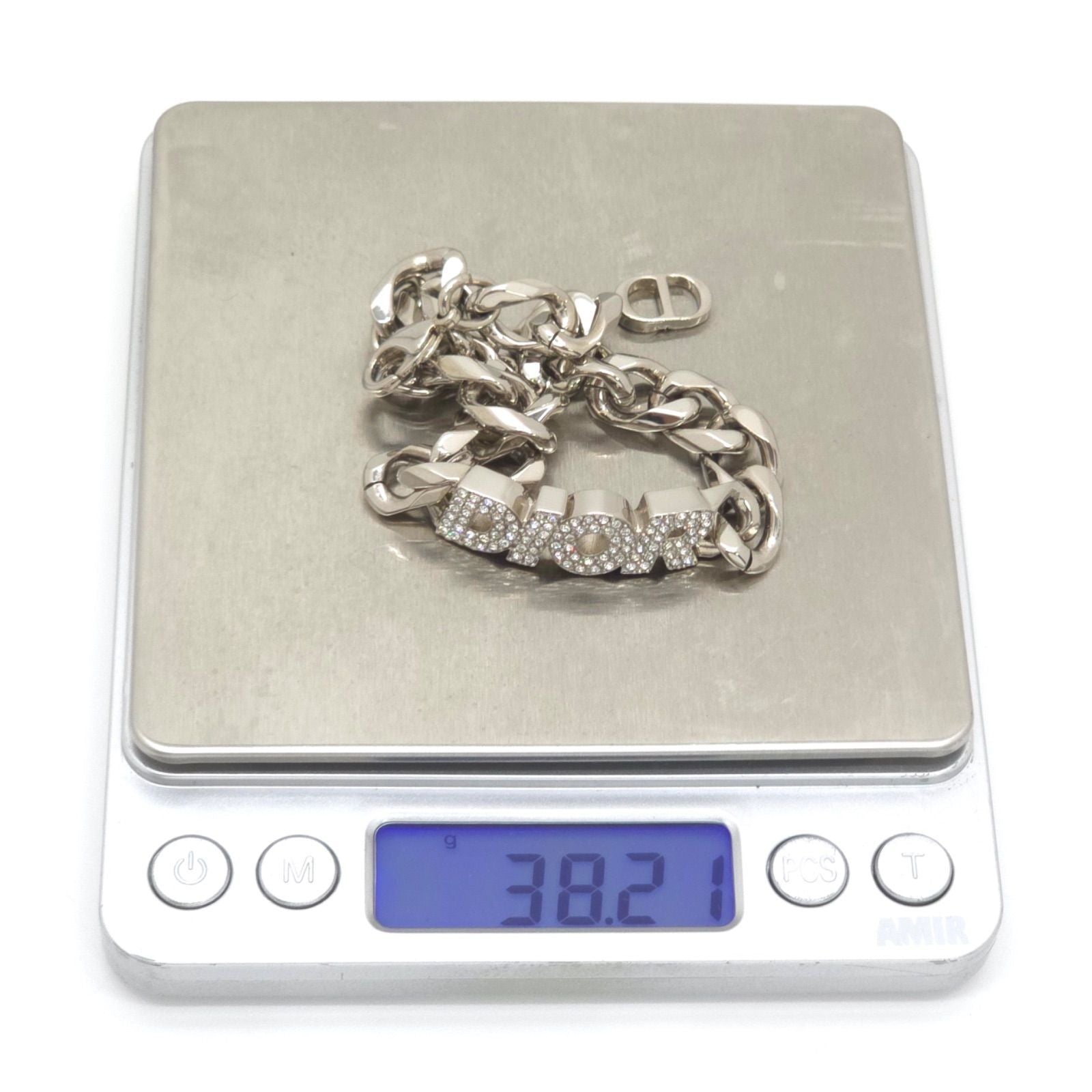 Dior Italic Signature Chain Link Bracelet 19.3 24 Logo Crystal Rhinestone Silver — view 7