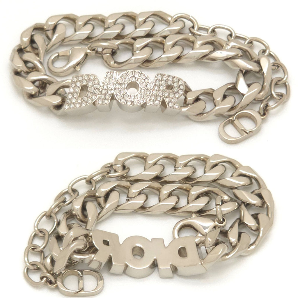 Dior Italic Signature Chain Link Bracelet 19.3 24 Logo Crystal Rhinestone Silver — view 3