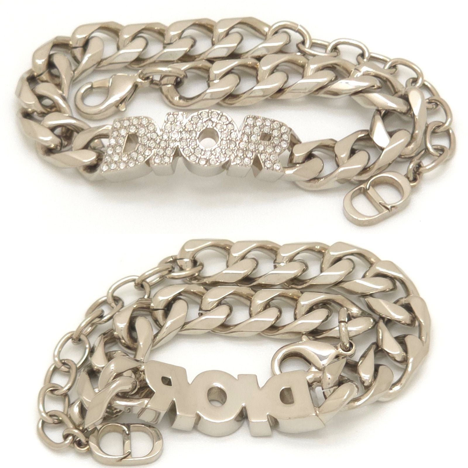 Dior Italic Signature Chain Link Bracelet 19.3 24 Logo Crystal Rhinestone Silver — view 3
