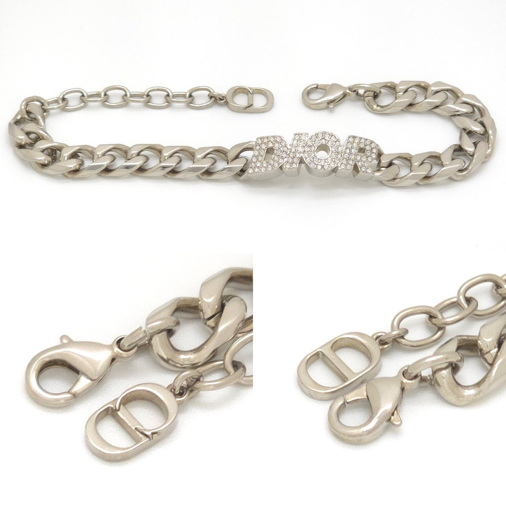 Dior Italic Signature Chain Link Bracelet 19.3 24 Logo Crystal Rhinestone Silver — view 5