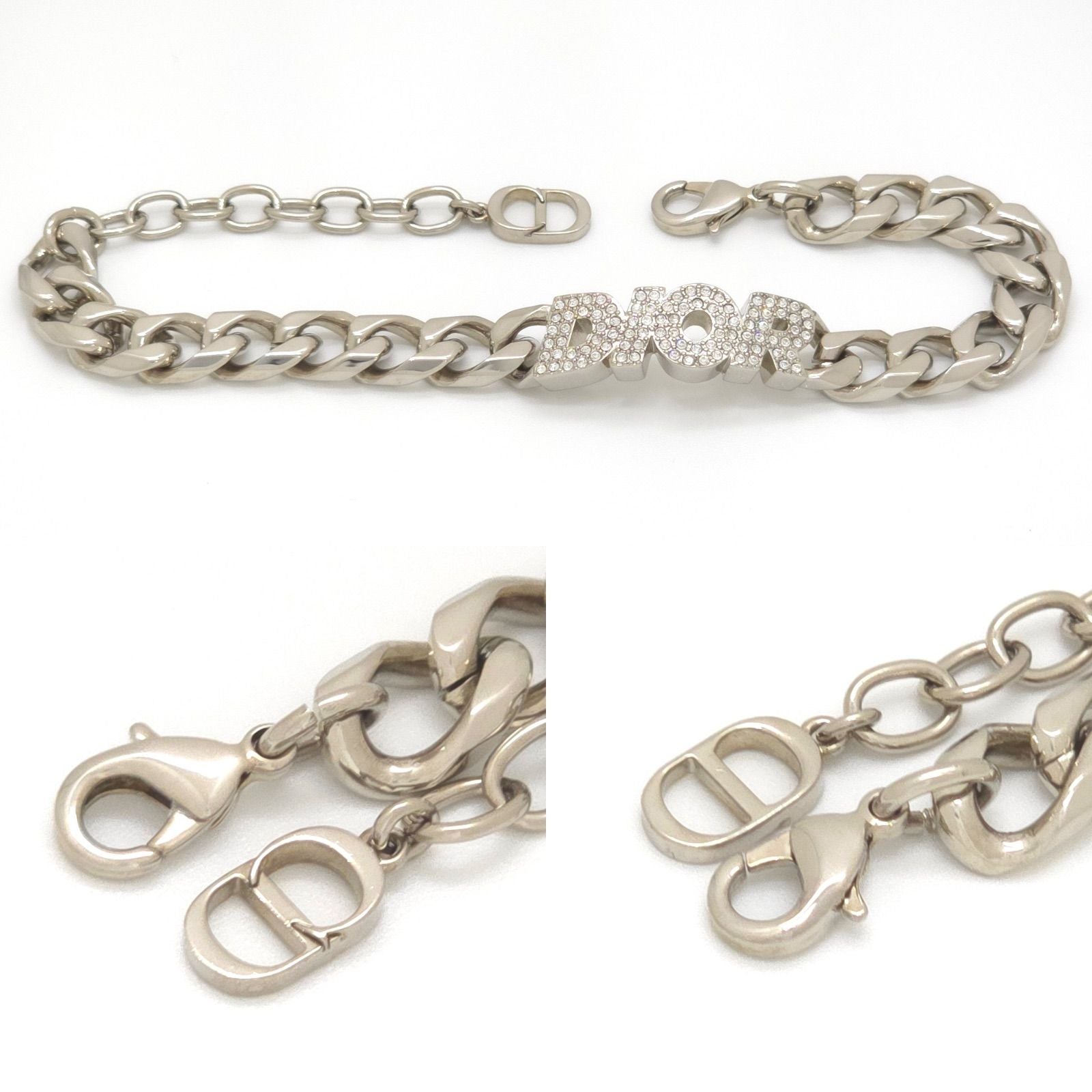 Dior Italic Signature Chain Link Bracelet 19.3 24 Logo Crystal Rhinestone Silver — view 5