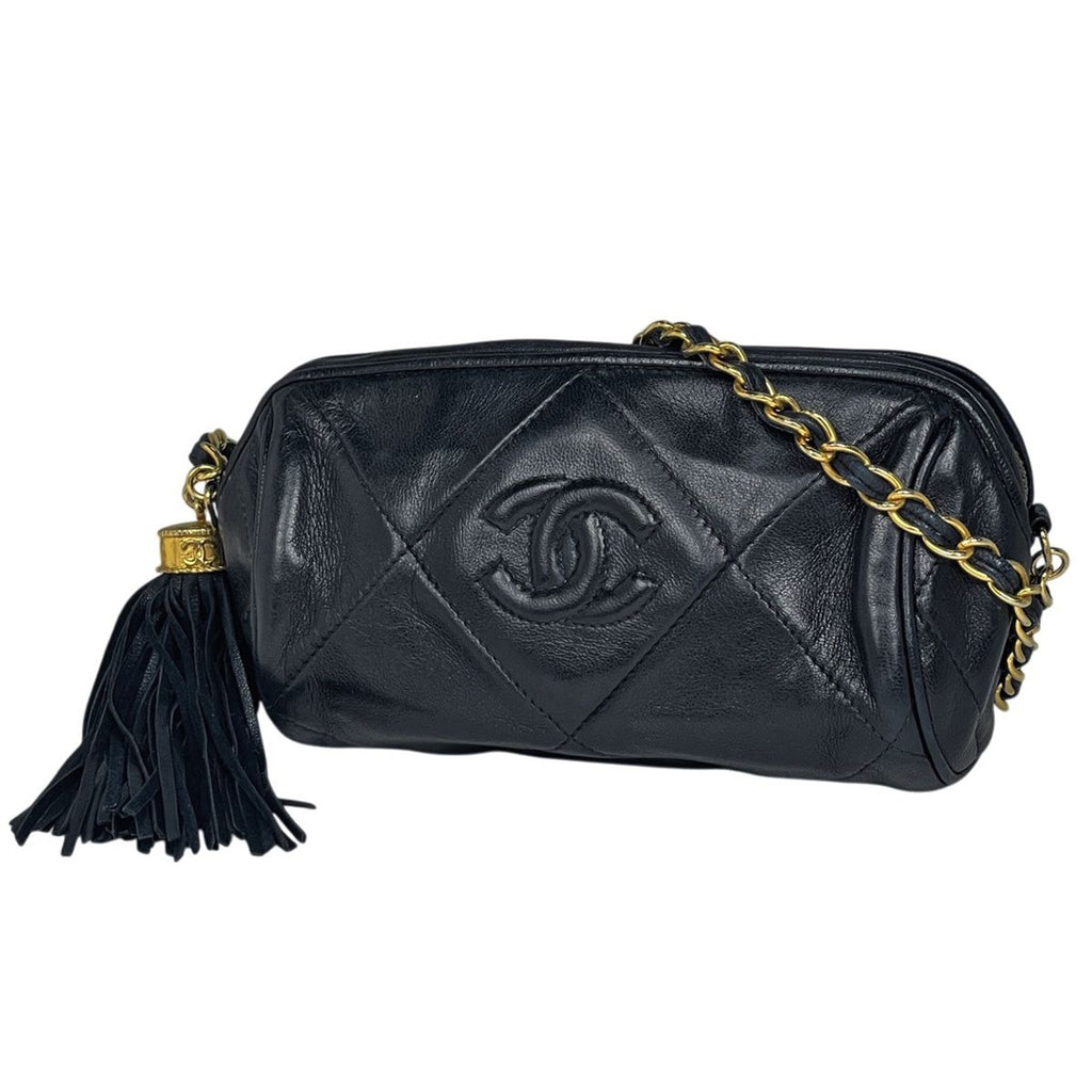 Chanel Shoulder Bag Quilted CC Logo Fringe Leather Navy