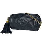 Chanel Shoulder Bag Quilted CC Logo Fringe Leather Navy