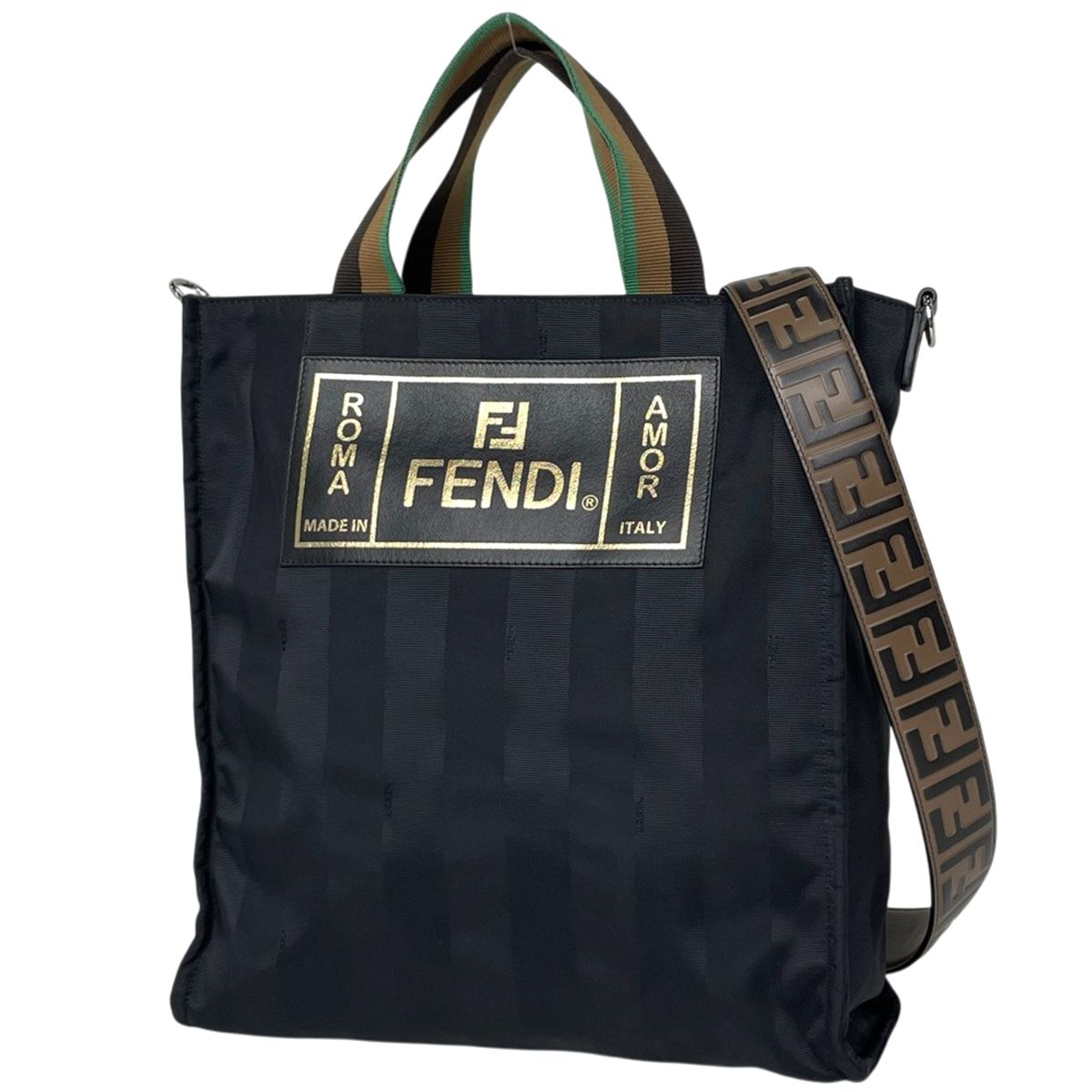 Fendi Tote Pecan Pattern 2-Way Nylon Black