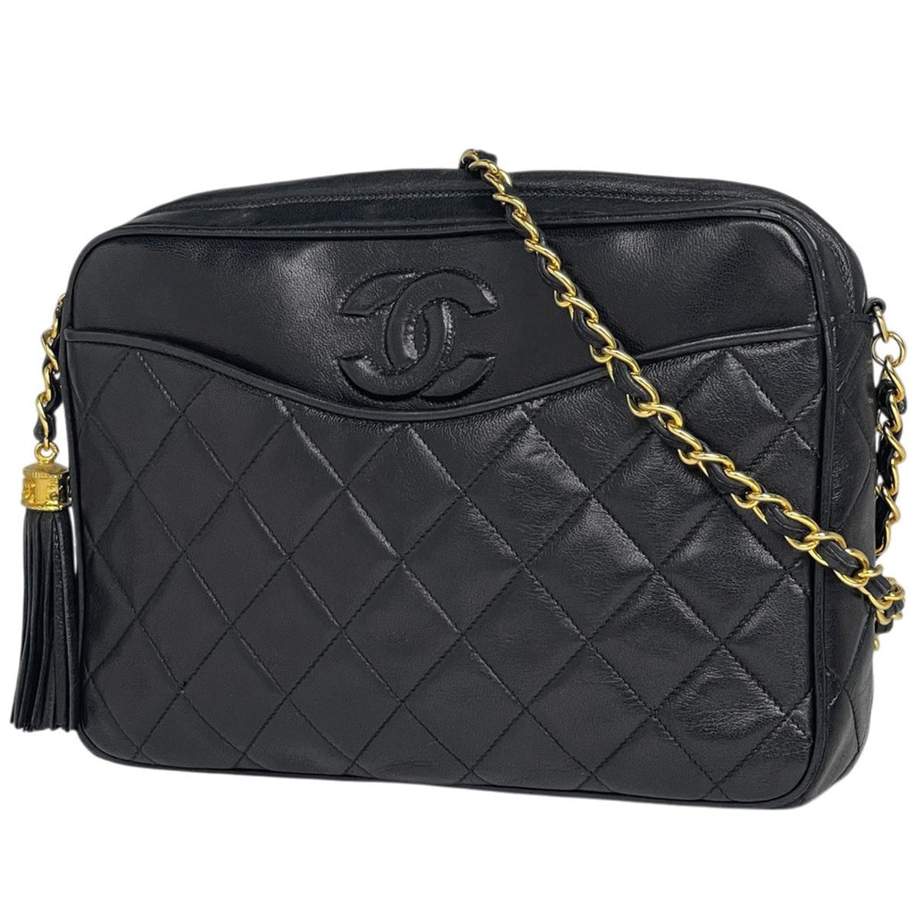 Chanel Shoulder Bag CC Logo Quilted Fringe Tassel Leather Black