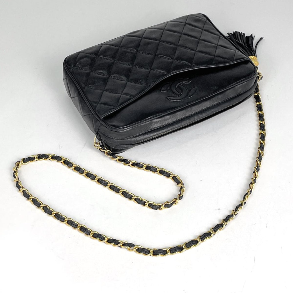 Chanel Shoulder Bag CC Logo Quilted Fringe Tassel Leather Black — view 6
