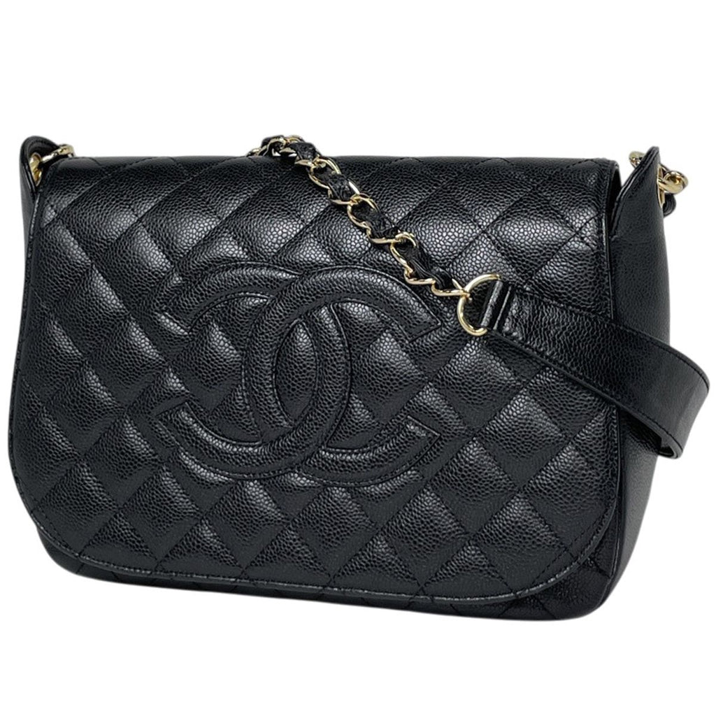 Chanel Shoulder Bag CC Logo Quilted Caviar Leather Black