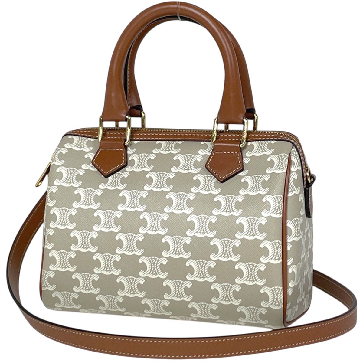 Celine Triomphe Small Boston Handbag 2-Way Beige Brown