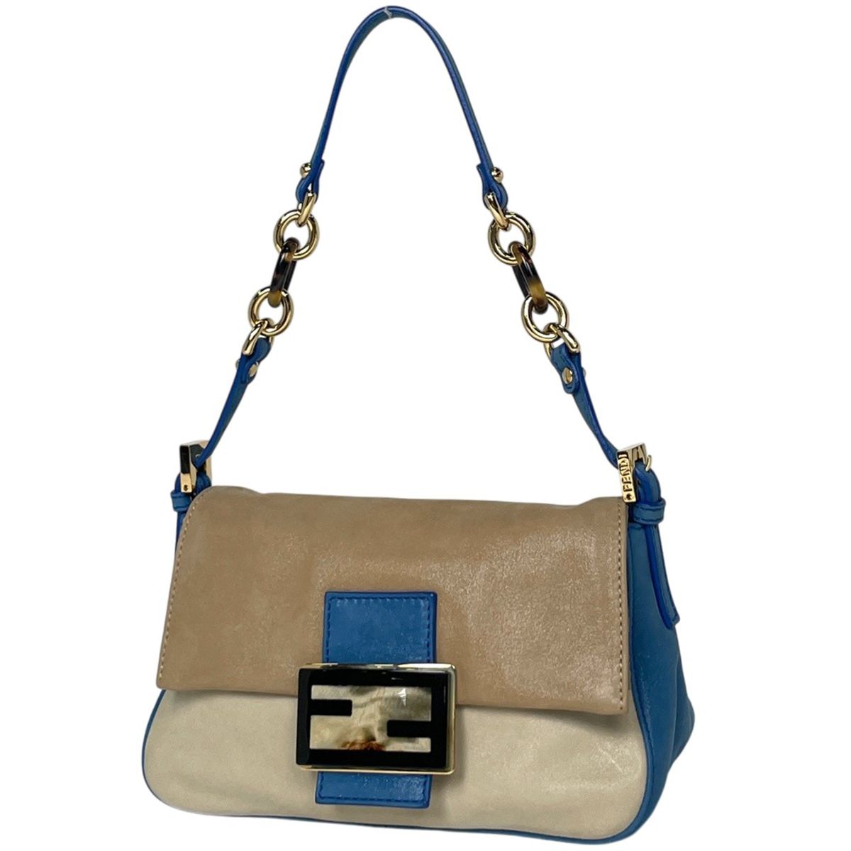 Fendi Shoulder Bag Zucca Logo Leather Blue Beige