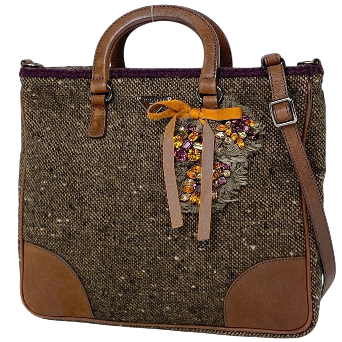 Prada Handbag 2-Way Rhinestone Fabric Brown
