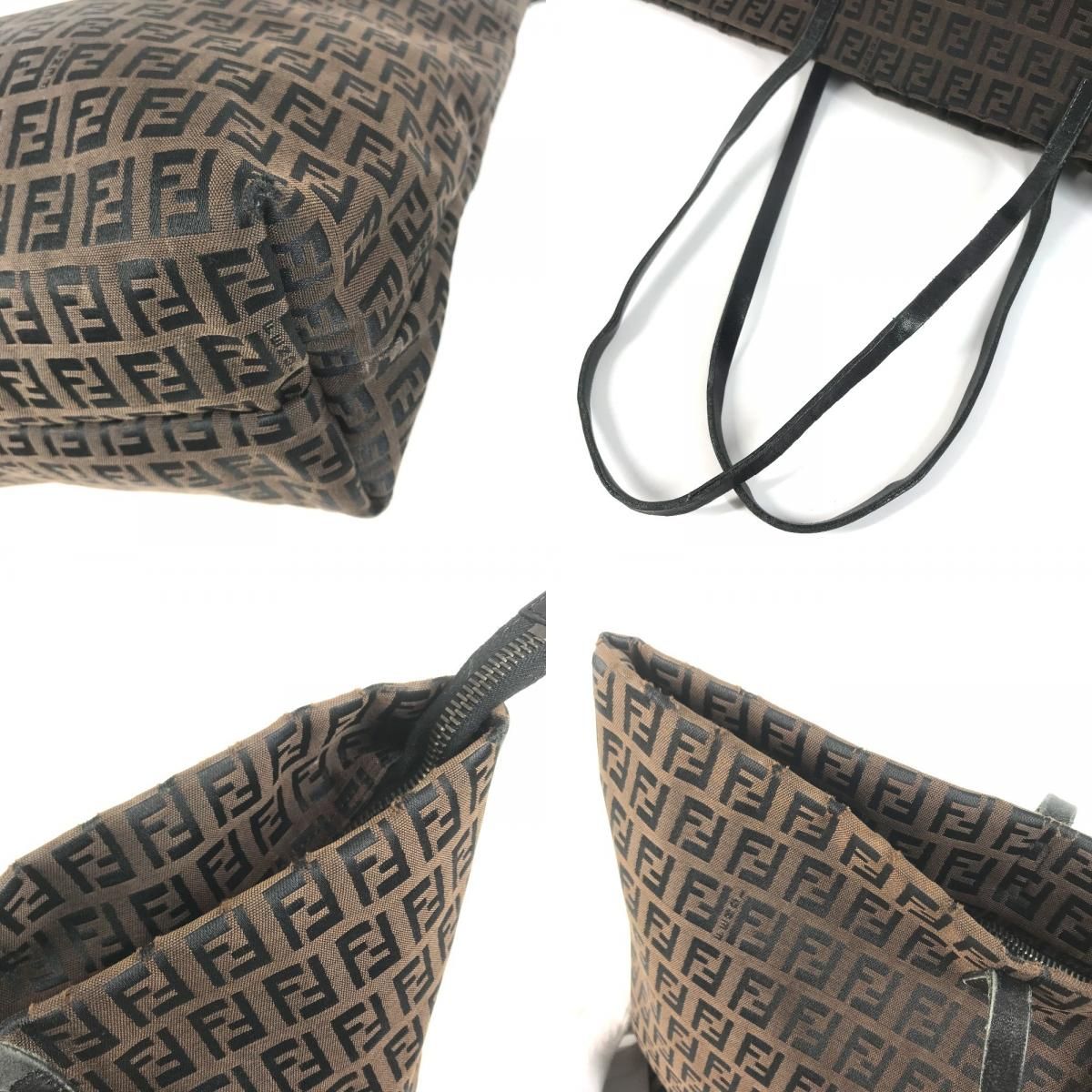Fendi Shoulder Bag Zucchino Logo Leather Canvas Brown — view 8