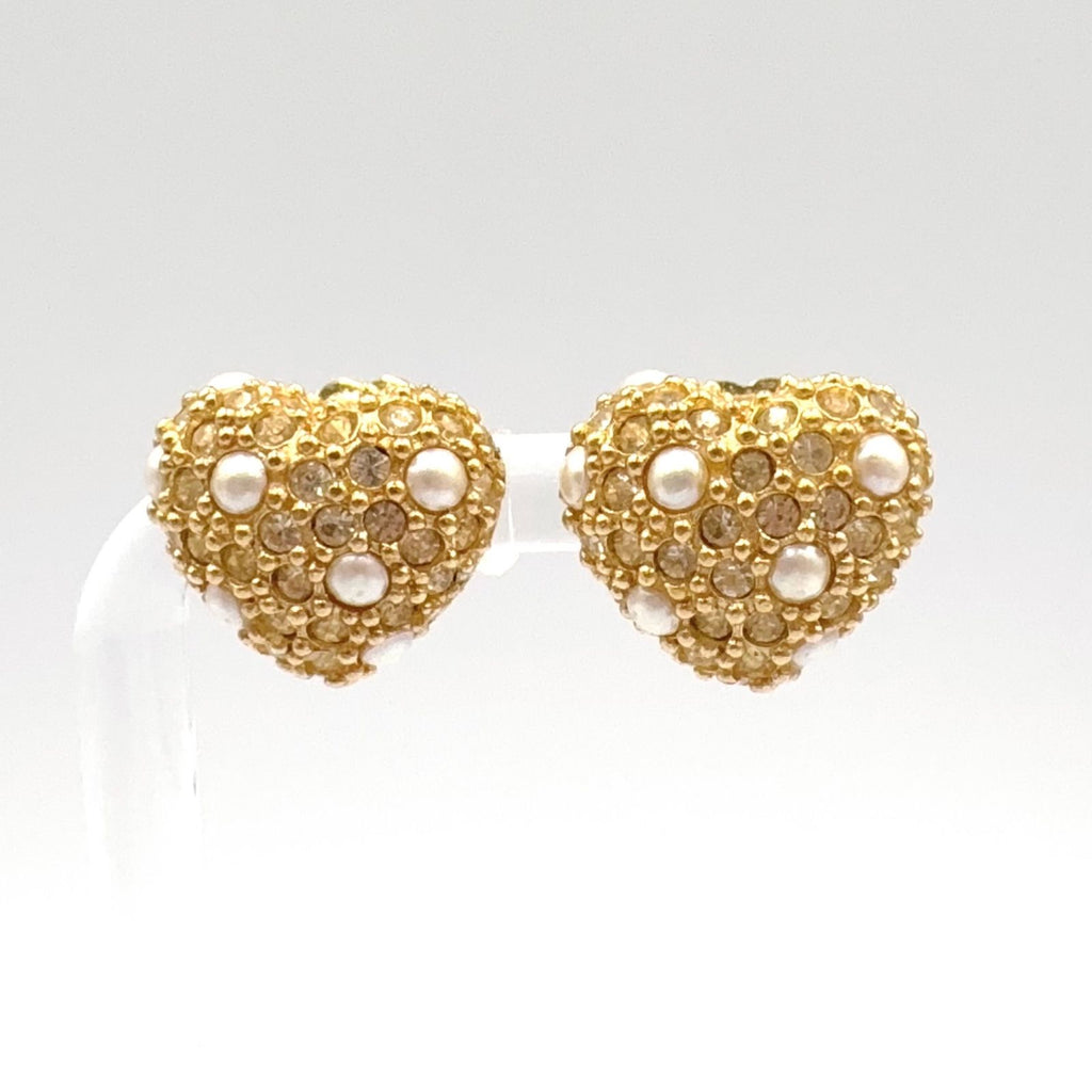 Dior Heart Motif Faux Pearl Color Stone Gold Earrings
