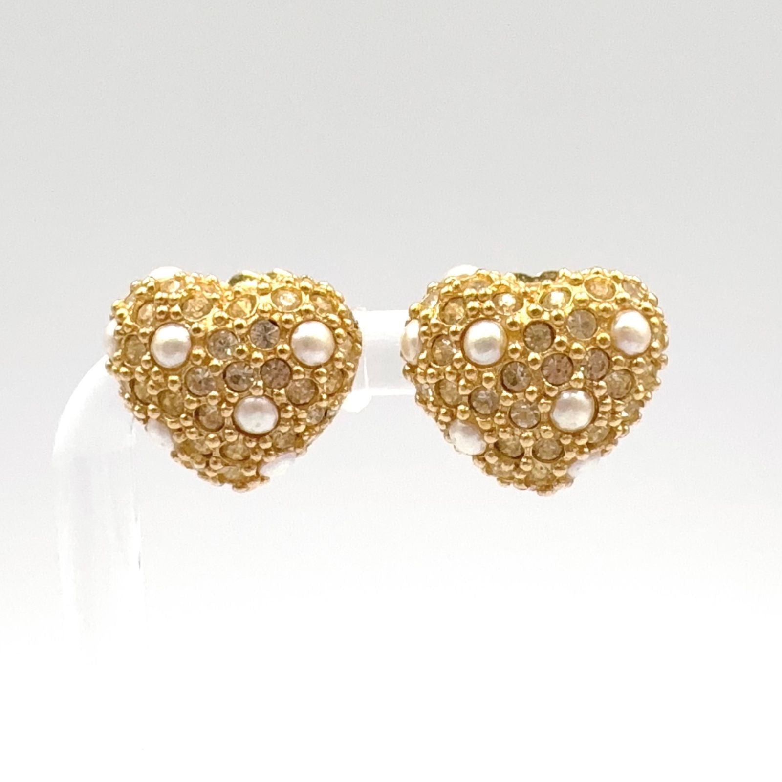 Dior Heart Motif Faux Pearl Color Stone Gold Earrings