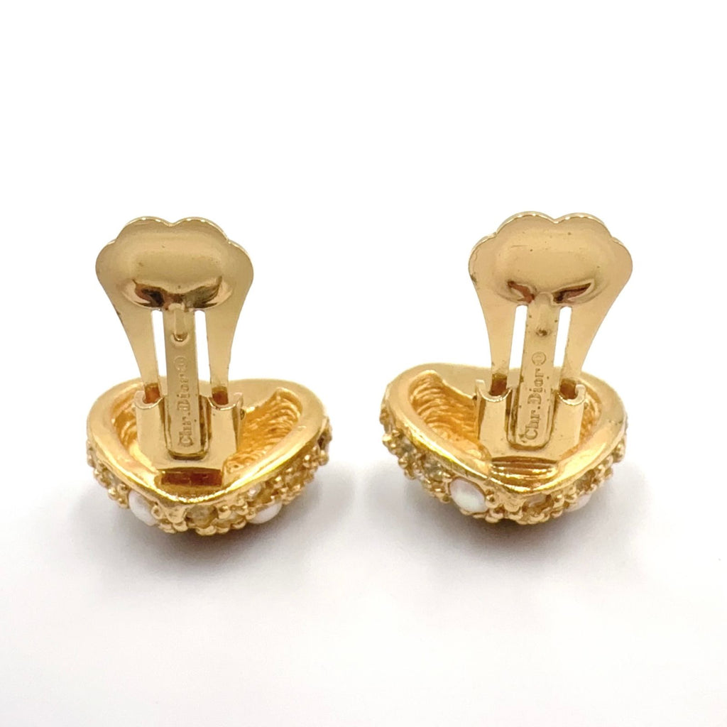 Dior Heart Motif Faux Pearl Color Stone Gold Earrings — view 6