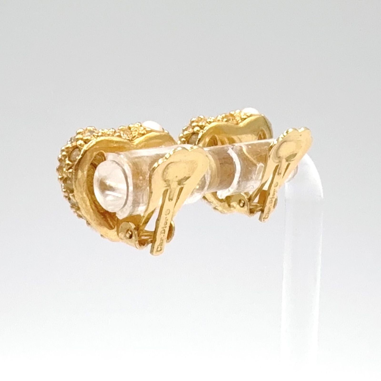 Dior Heart Motif Faux Pearl Color Stone Gold Earrings — view 2